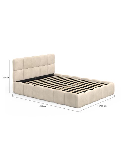 Cama cómoda de terciopelo con somier y cabecero beige - 206x157,5x89 cm