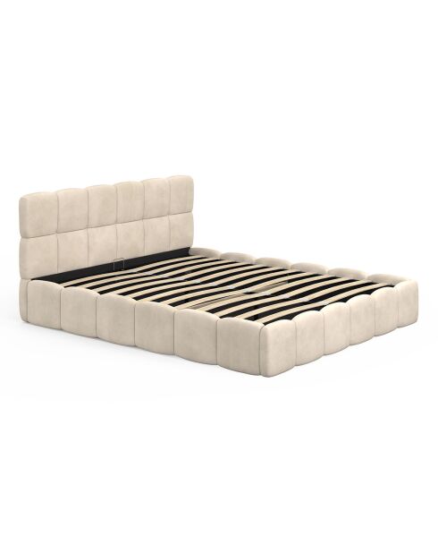 Cama cómoda de terciopelo con somier y cabecero beige - 216x177,5x89 cm