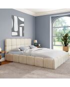 Cama cómoda de terciopelo con somier y cabecero beige - 216x177,5x89 cm