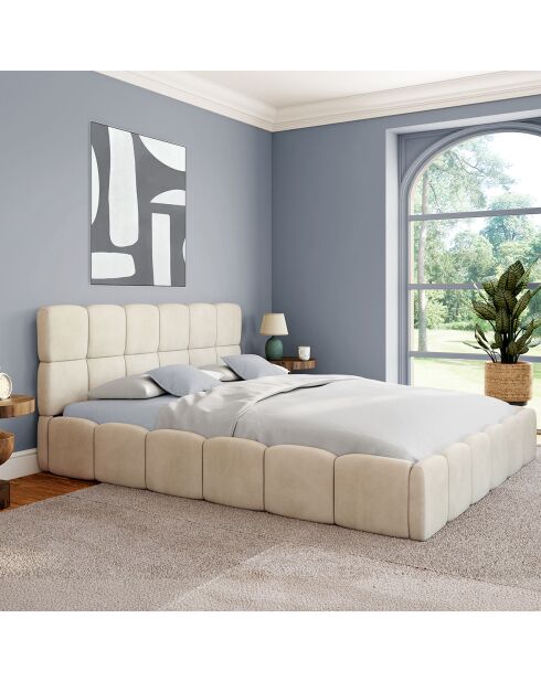 Cama cómoda de terciopelo con somier y cabecero beige - 216x177,5x89 cm
