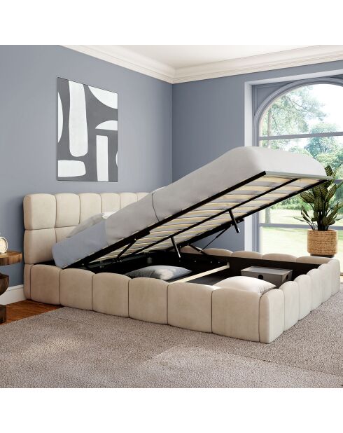 Cama cómoda de terciopelo con somier y cabecero beige - 216x177,5x89 cm