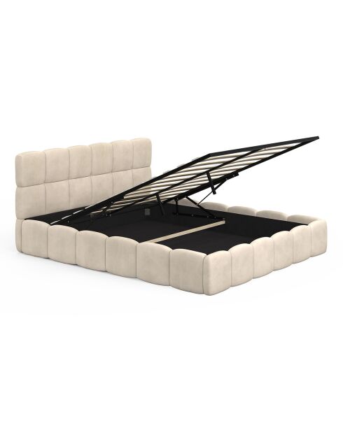 Cama cómoda de terciopelo con somier y cabecero beige - 216x177,5x89 cm