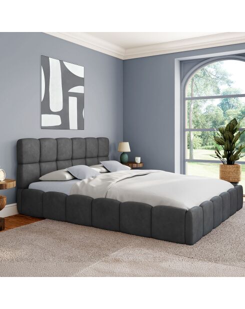 Cama cómoda de terciopelo con somier y cabecero gris - 216x177,5x89 cm