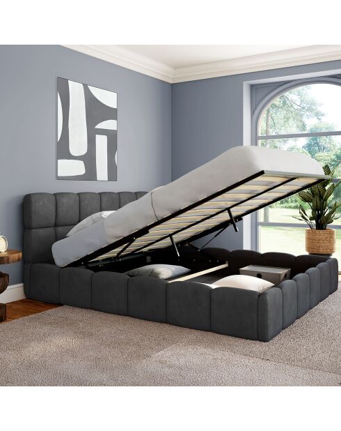 Cama cómoda de terciopelo con somier y cabecero gris - 216x177,5x89 cm