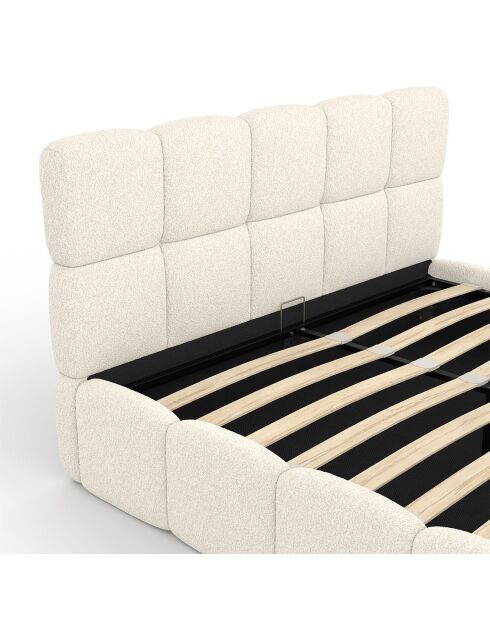 Cama tipo baúl rizado con somier y cabecero blanco - 206x157,5x89 cm