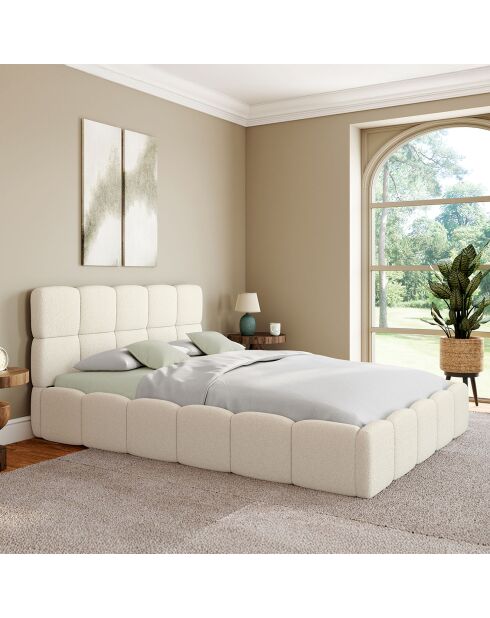Cama tipo baúl rizado con somier y cabecero blanco - 206x157,5x89 cm
