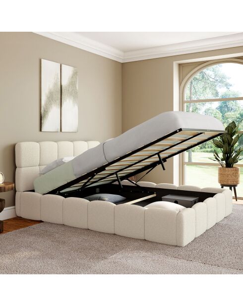Cama tipo baúl rizado con somier y cabecero blanco - 206x157,5x89 cm
