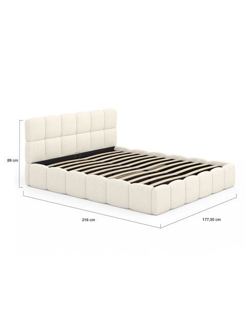 Cama tipo baúl rizado con somier y cabecero blanco - 216x177,5x89 cm