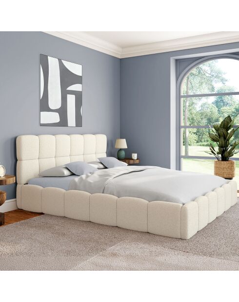 Cama tipo baúl rizado con somier y cabecero blanco - 216x177,5x89 cm