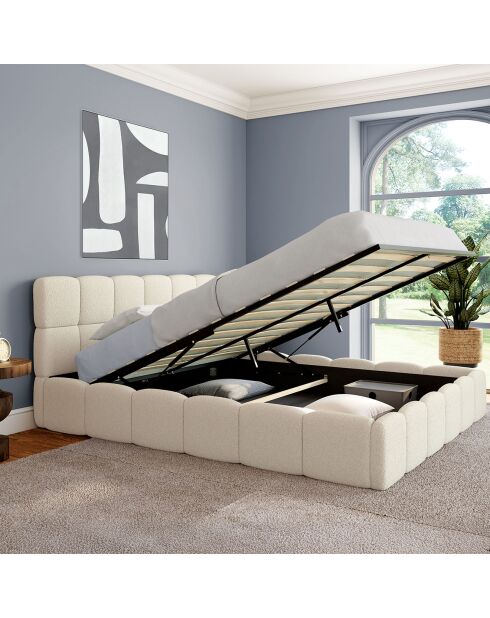 Cama tipo baúl rizado con somier y cabecero blanco - 216x177,5x89 cm