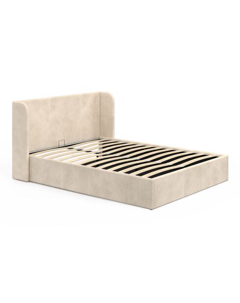 Lit coffre en Velours Lucia avec sommier et tête de lit beige - 202x150x90 cm