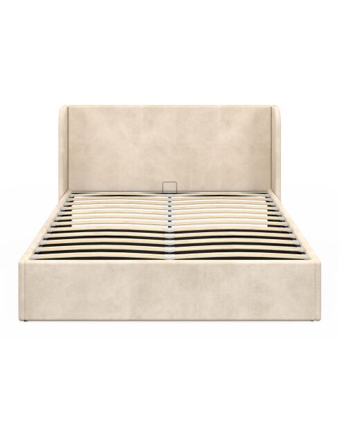 Lit coffre en Velours Lucia avec sommier et tête de lit beige - 202x150x90 cm