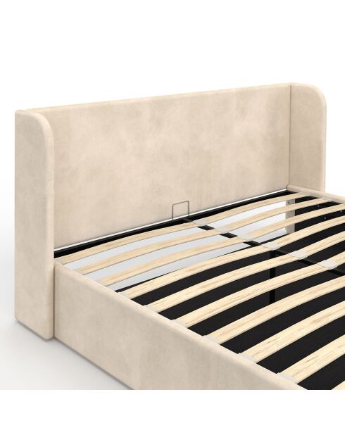 Cama cómoda Lucia de terciopelo con somier y cabecero beige - 212x170x90 cm