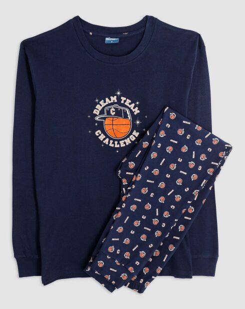 Pyjama col rond à manches longues & pantalon long bleu
