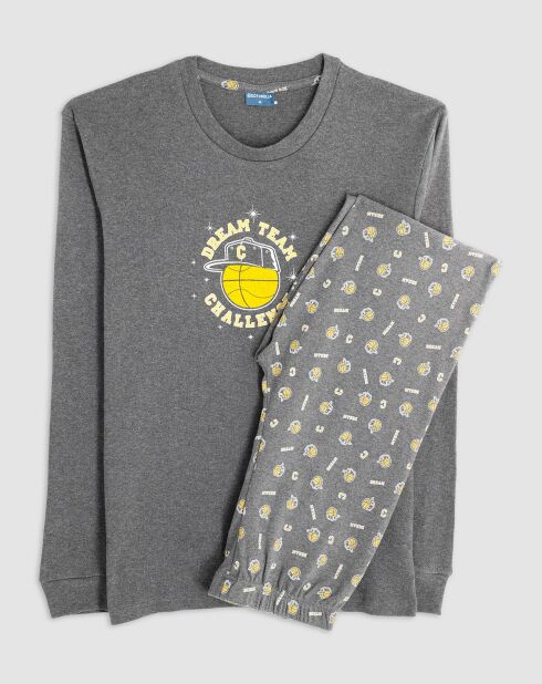 Pyjama col rond à manches longues & pantalon long gris foncé chiné