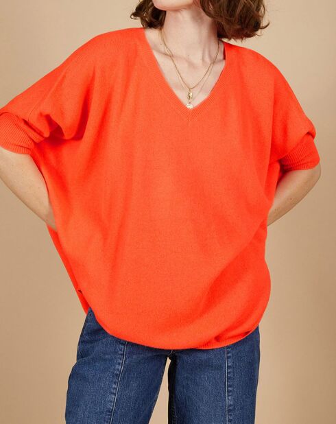 Pull poncho 100% Cachemire Kelly col V manches courtes corail fluo