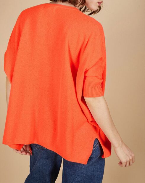 Pull poncho 100% Cachemire Kelly col V manches courtes corail fluo