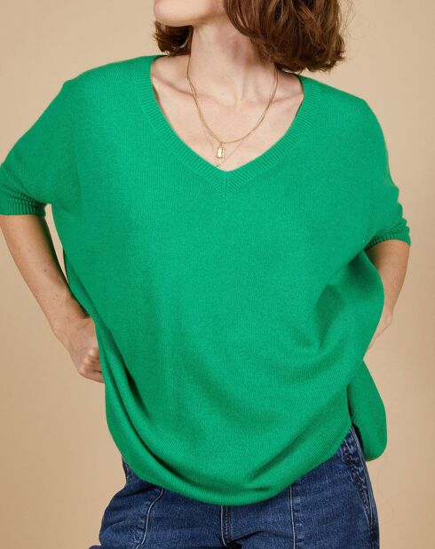 Pull poncho 100% Cachemire Kelly col V manches courtes émeraude