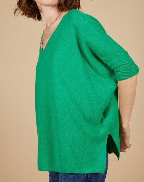 Pull poncho 100% Cachemire Kelly col V manches courtes émeraude