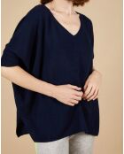 Pull poncho 100% Cachemire Kelly col V manches courtes bleu nuit