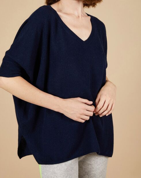 Pull poncho 100% Cachemire Kelly col V manches courtes bleu nuit
