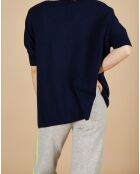 Pull poncho 100% Cachemire Kelly col V manches courtes bleu nuit
