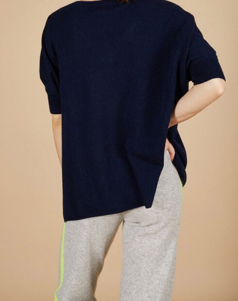 Pull poncho 100% Cachemire Kelly col V manches courtes bleu nuit