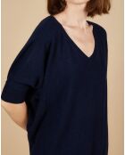 Pull poncho 100% Cachemire Kelly col V manches courtes bleu nuit