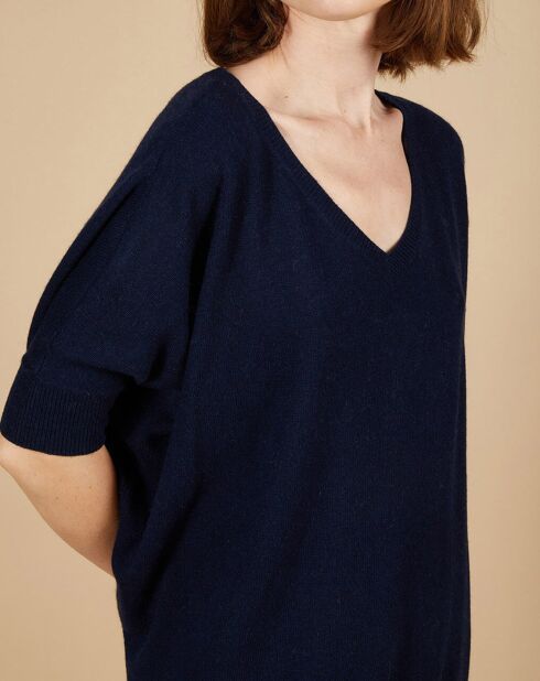 Pull poncho 100% Cachemire Kelly col V manches courtes bleu nuit