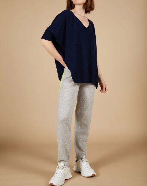 Pull poncho 100% Cachemire Kelly col V manches courtes bleu nuit