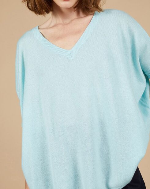 Pull poncho 100% Cachemire Kelly col V manches courtes bleu océan