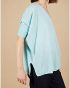 Pull poncho 100% Cachemire Kelly col V manches courtes bleu océan