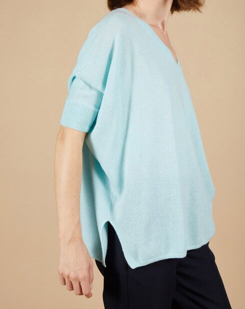 Pull poncho 100% Cachemire Kelly col V manches courtes bleu océan