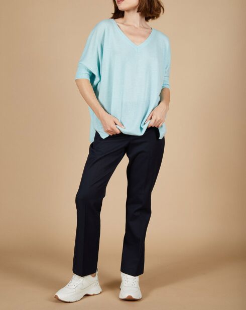 Pull poncho 100% Cachemire Kelly col V manches courtes bleu océan