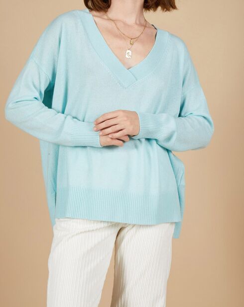Pull ample 100% Cachemire Isidore col V bleu océan