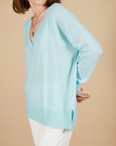 Pull ample 100% Cachemire Isidore col V bleu océan