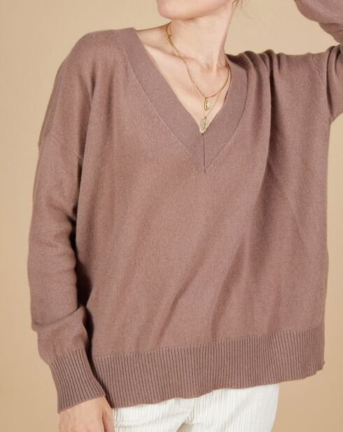 Pull 100% Cachemire Iris Col V profond oversize taupe