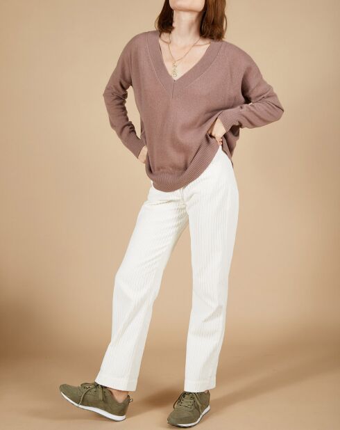 Pull 100% Cachemire Iris Col V profond oversize taupe