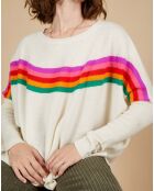 Pull poncho 100% Cachemire Rocky col rond à bandes blanc cassé