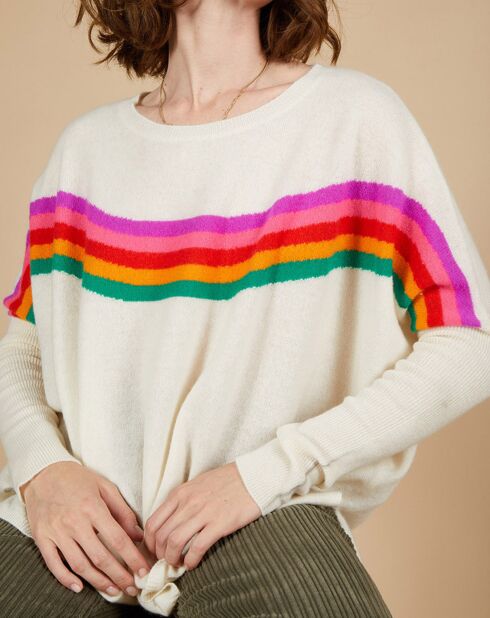Pull poncho 100% Cachemire Rocky col rond à bandes blanc cassé