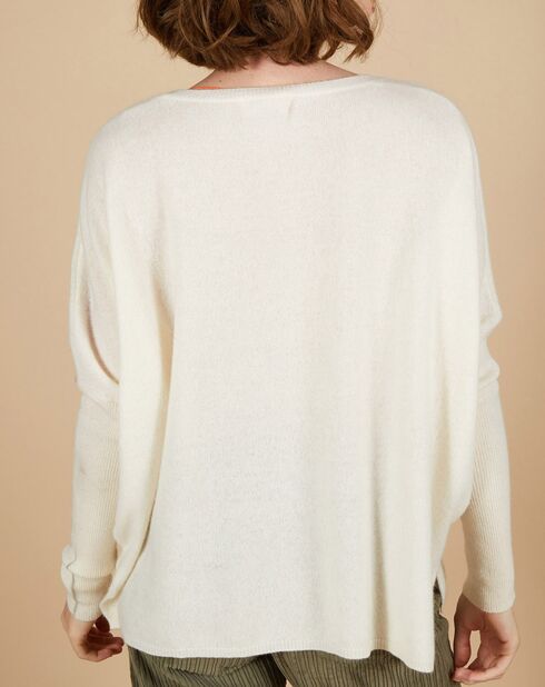 Pull poncho 100% Cachemire Rocky col rond à bandes blanc cassé