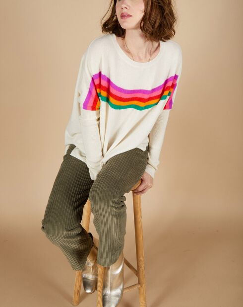 Pull poncho 100% Cachemire Rocky col rond à bandes blanc cassé