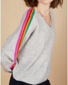 Pull poncho 100% Cachemire Wimbow col V à bandes manches gris chiné clair