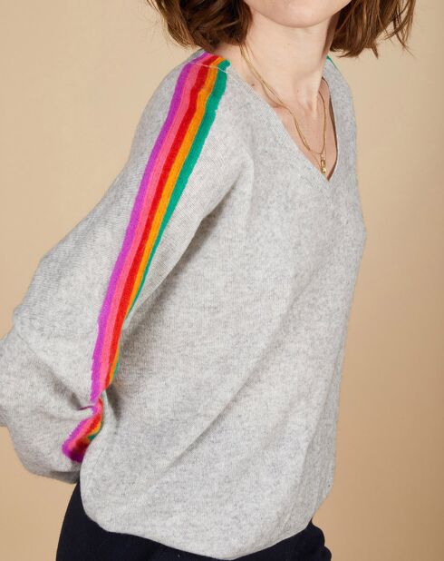 Pull poncho 100% Cachemire Wimbow col V à bandes manches gris chiné clair
