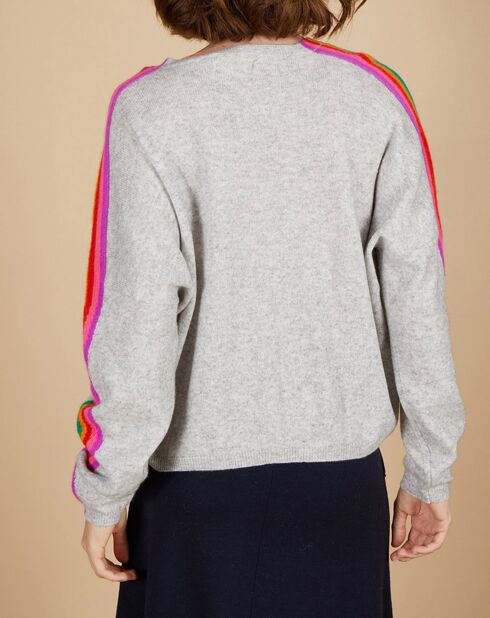 Pull poncho 100% Cachemire Wimbow col V à bandes manches gris chiné clair