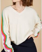 Pull poncho 100% Cachemire Wimbow col V à bandes manches blanc cassé