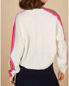 Pull poncho 100% Cachemire Wimbow col V à bandes manches blanc cassé