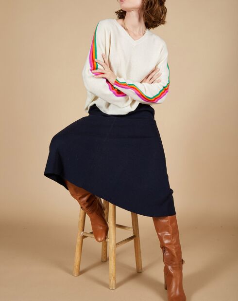 Pull poncho 100% Cachemire Wimbow col V à bandes manches blanc cassé
