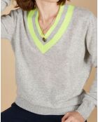 Pull 100% Cachemire Marley col V à bandes gris chiné clair/jaune fluo