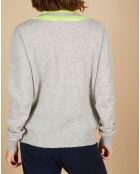 Pull 100% Cachemire Marley col V à bandes gris chiné clair/jaune fluo